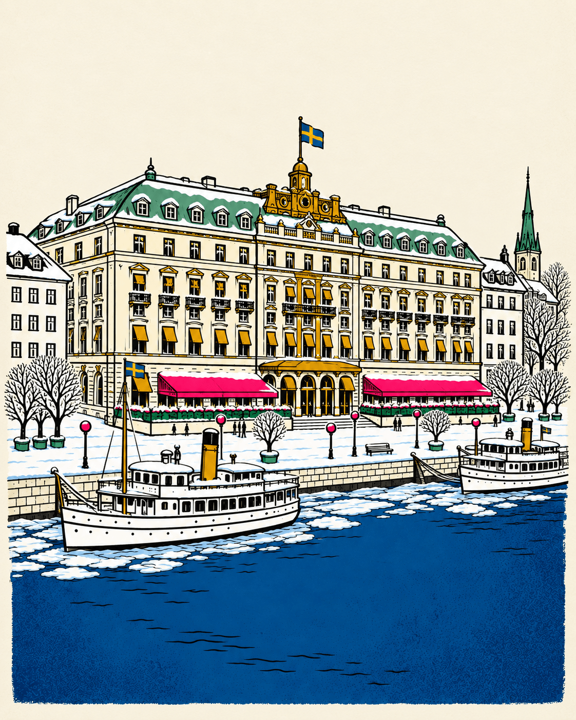 Illustration of the Grand Hotel on the Stockholm waterfront in winter, with steamboats in icy water.